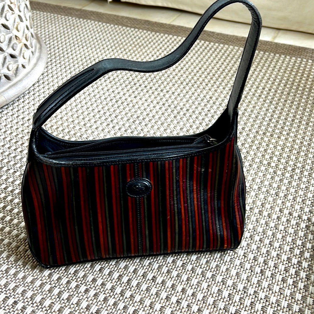 Vintage Italian leather handbag.  Multicolor black, free, rust and olive.